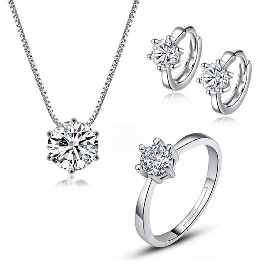 *[Set of 3]925 Sterling Silver Solitaire Diamond A